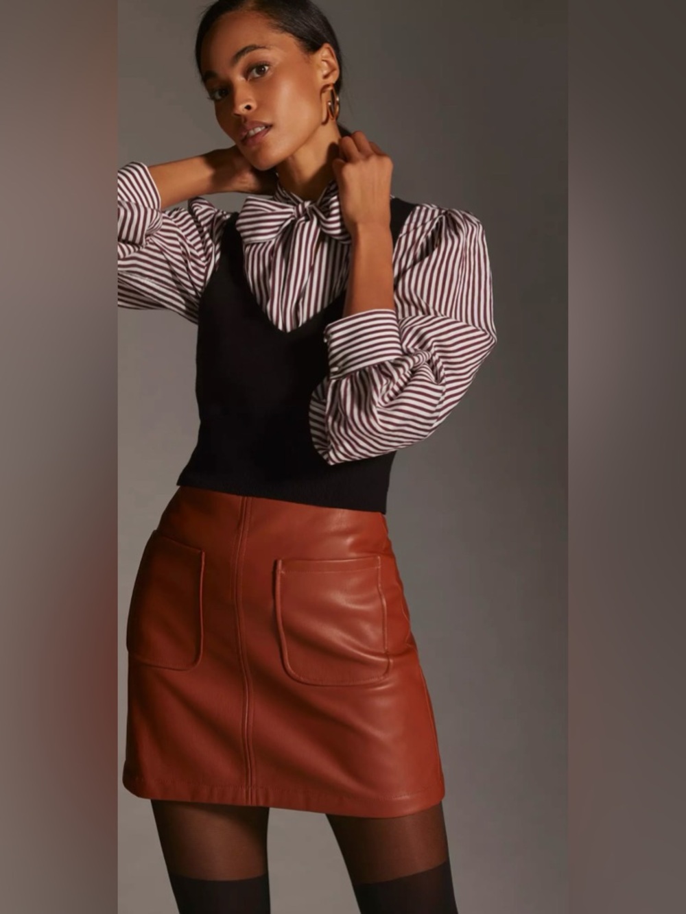 Maeve by Anthropologie Colette Brown Cognac  Faux Leather A Line Mini Skirt Sz M